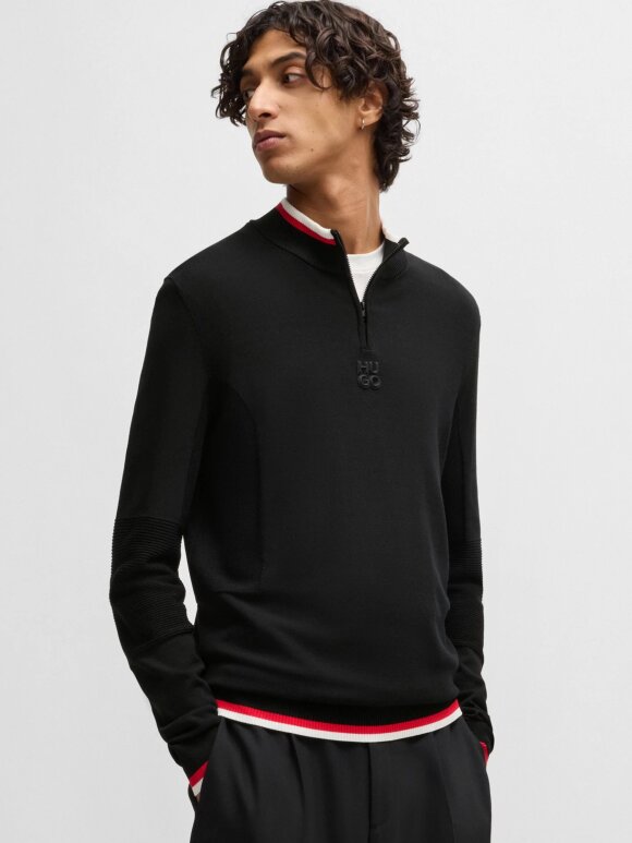 HUGO MENSWEAR - HUGO SELO ZIP-NECK SWEATER WITH CONTRAST TIPPING